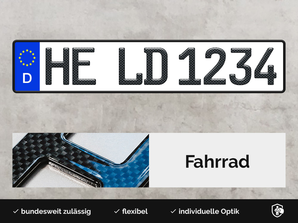 3D Fahrradträger-Kennzeichen in Carbon-Optik Glanz (520mm)